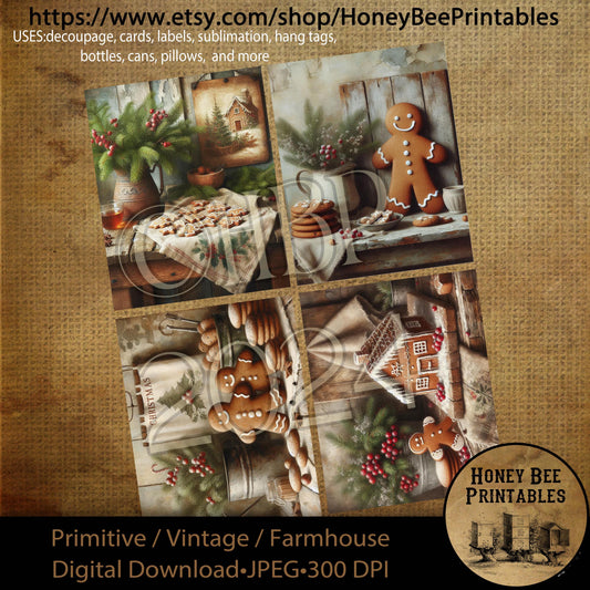 Digital Download, Digital Art, Printable, Decoupage, Primitive, Farmhouse, Craft Supplies, Set / 4, 4x5, Gingerbread Man, Cookies, Christmas