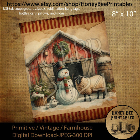 Digital Download, Printable, Decoupage, Primitive, Farmhouse, Craft Supplies, Vintage Snowman, Snowman, Christmas, Sheep, Barn, #1