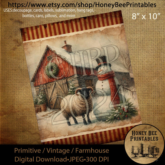 Digital Download, Printable, Decoupage, Primitive, Farmhouse, Craft Supplies, Vintage Snowman, Snowman, Christmas, Sheep, Barn, #2