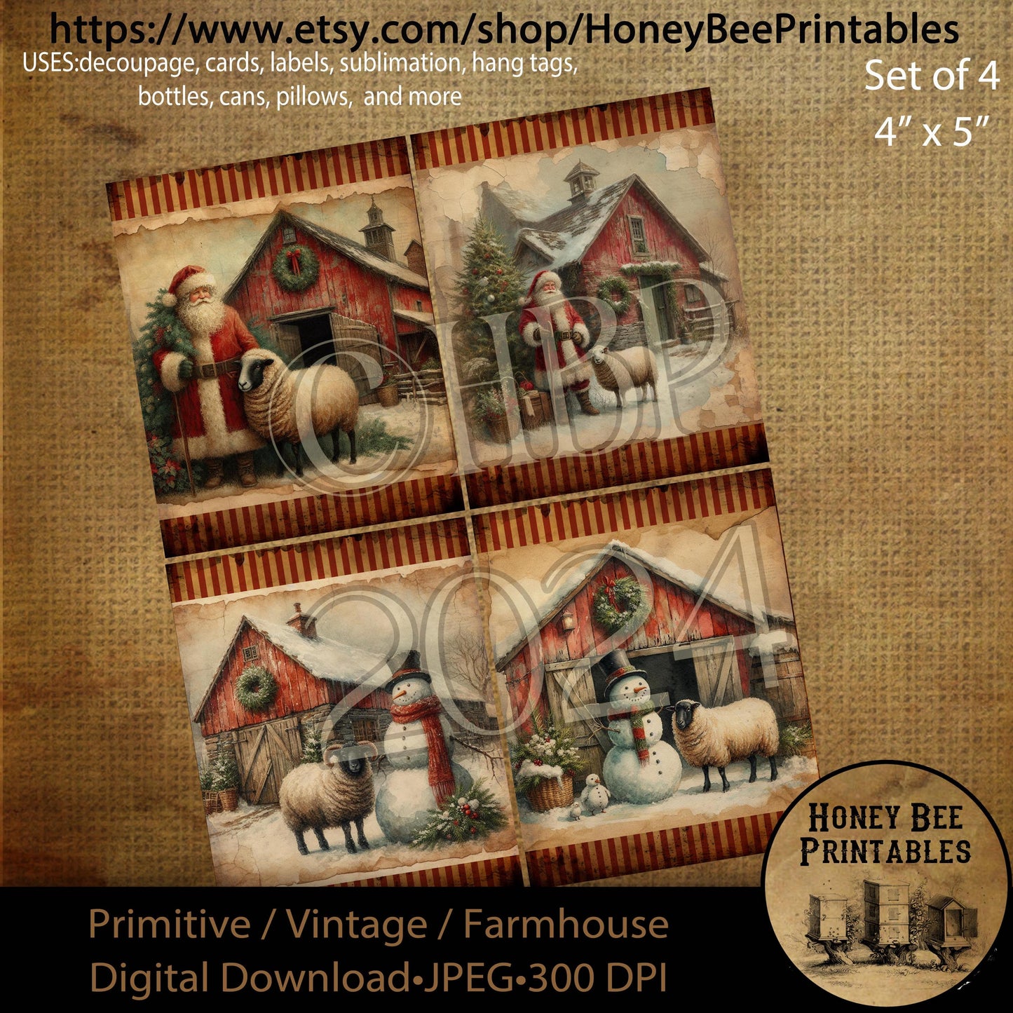 Digital Download, Digital Art, Printable, Decoupage, Primitive, Craft Supplies, Set / 4, 4x5, Christmas, Santa Claus, Barn, Sheep, Snowman