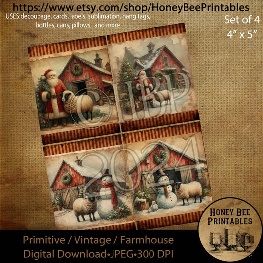 Digital Download, Digital Art, Printable, Decoupage, Primitive, Craft Supplies, Set / 4, 4x5, Christmas, Santa Claus, Barn, Sheep, Snowman