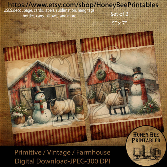 Digital Download, Digital Art, Printable, Decoupage, Primitive, Craft Supplies, Set / 2, 5x7, Christmas, Snowman, Barn, Sheep, Winter