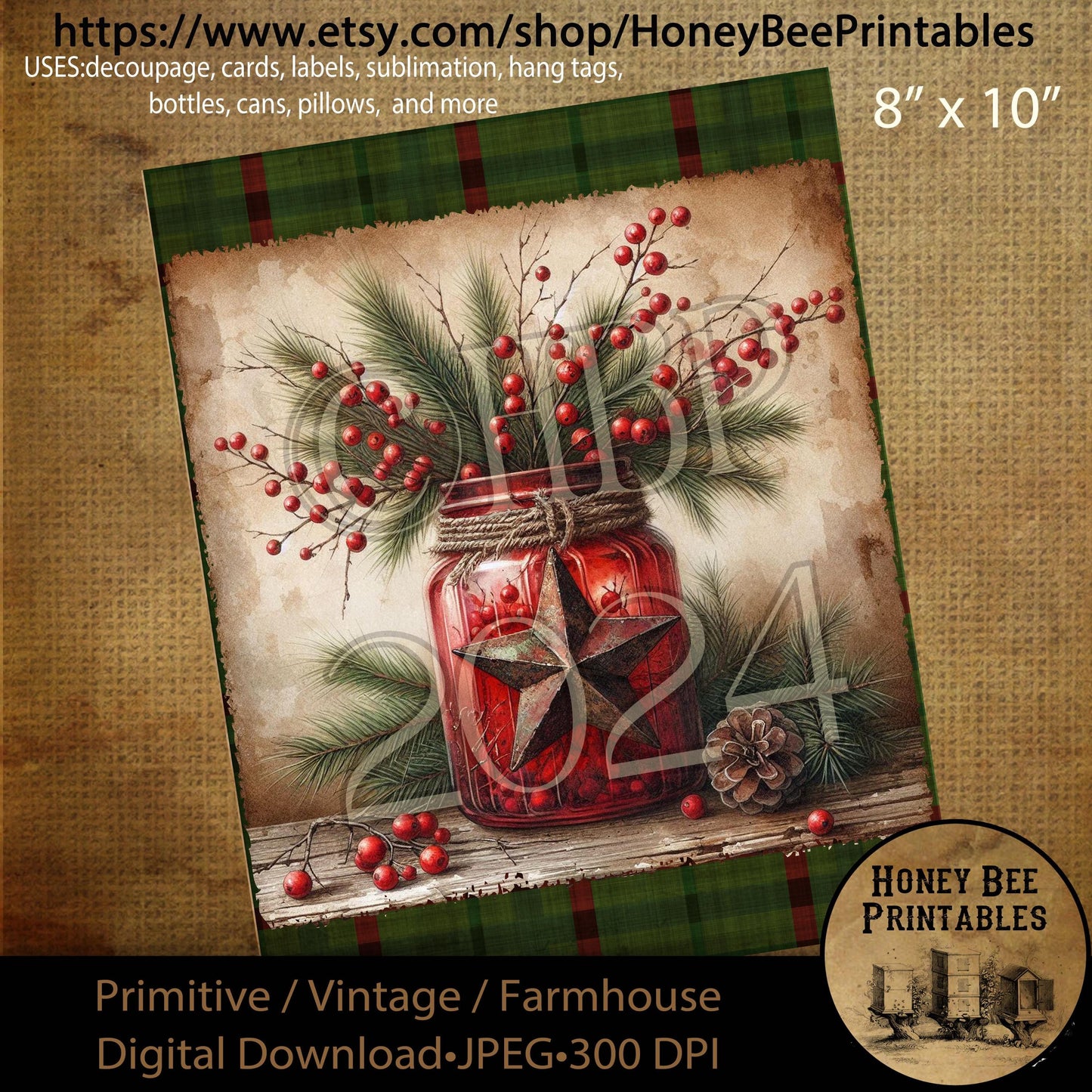 Digital Download, Printable, Decoupage, Primitive, Farmhouse, Craft Supplies, Vintage, Christmas, Old Red Jar, Rusty Star, Pip Berries