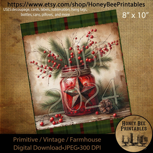 Digital Download, Printable, Decoupage, Primitive, Farmhouse, Craft Supplies, Vintage, Christmas, Old Red Jar, Rusty Star, Pip Berries