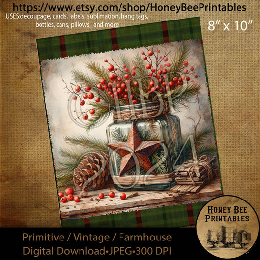 Digital Download, Printable, Decoupage, Primitive, Farmhouse, Craft Supplies, Vintage, Christmas, Old Clear Jar, Rusty Star, Pip Berries