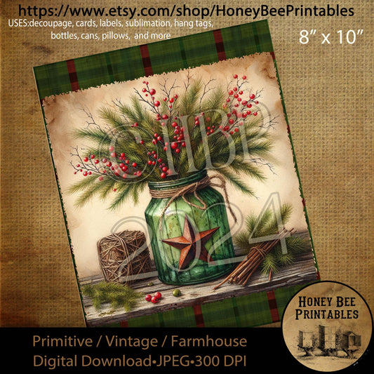 Digital Download, Printable, Decoupage, Primitive, Farmhouse, Craft Supplies, Vintage, Christmas, Old Green Jar, Rusty Star, Pip Berries
