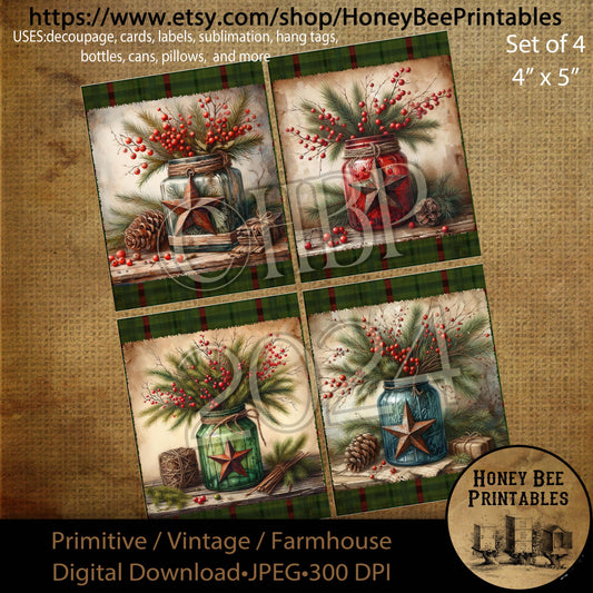 Digital Download, Digital Art, Printable, Decoupage, Primitive, Craft Supplies, Set / 4, 4x5, Christmas, Old Jar, Rusty Star, Berries, Plaid