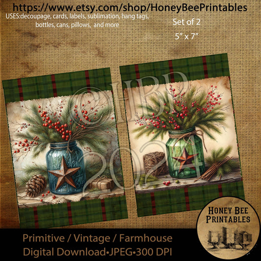 Digital Download, Digital Art, Printable, Decoupage, Primitive, Craft Supplies, Set / 2, 5x7, Christmas, Old Jar, Berries, Floral, Plaid, BG