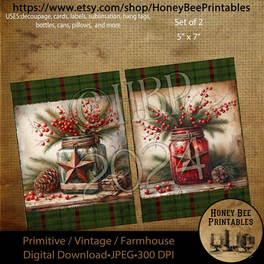Digital Download, Digital Art, Printable, Decoupage, Primitive, Craft Supplies, Set / 2, 5x7, Christmas, Old Jar, Berries, Floral, Plaid, CR