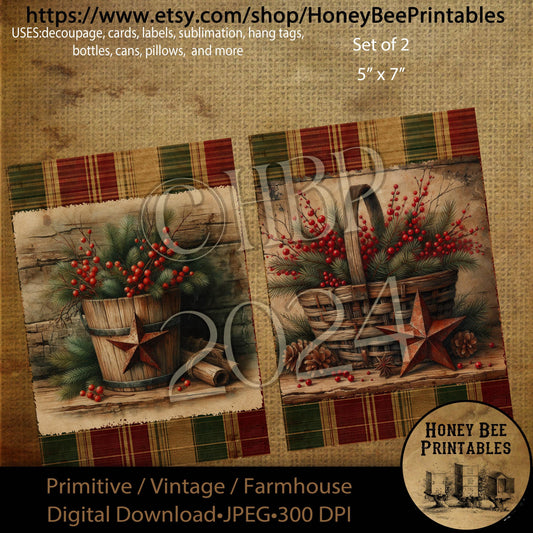 Digital Download, Digital Art, Printable, Decoupage, Primitive, Craft Supplies, 5x7, Christmas,  Basket, Wood Bucket, Rusty Star, Berries