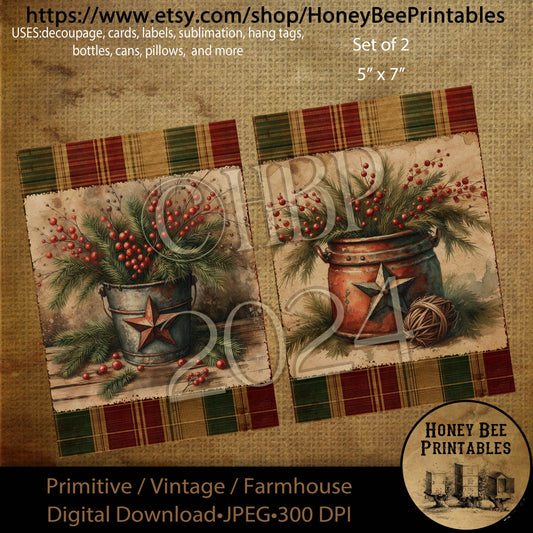 Digital Download, Digital Art, Printable, Decoupage, Primitive, Craft Supplies, Set / 2, 5x7, Christmas, Copper, Bucket, Rusty Star, Berries