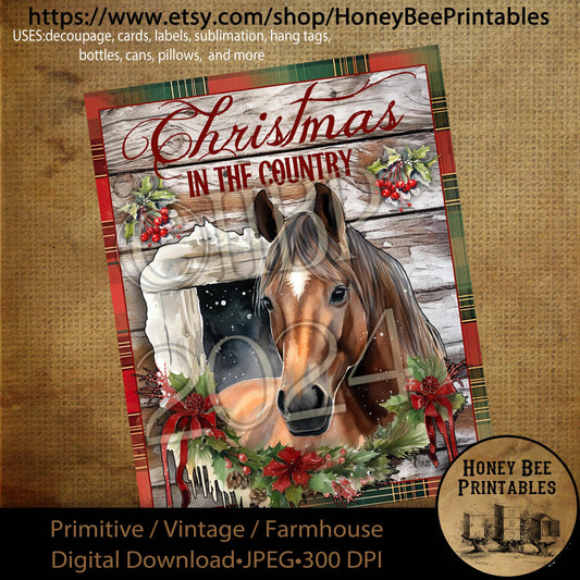 Vintage Primitive Instant Download Printable Decoupage, Christmas, Vintage Christmas, Christmas in the Country, Horse, Christmas Horse