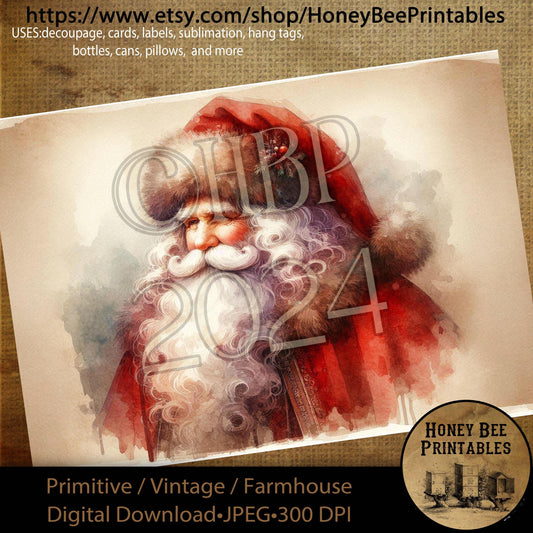 Digital Download, Printable, Decoupage, Primitive, Farmhouse, Craft Supplies, Santa Claus, Old World Santa, Vintage Santa, Christmas, A4, #1