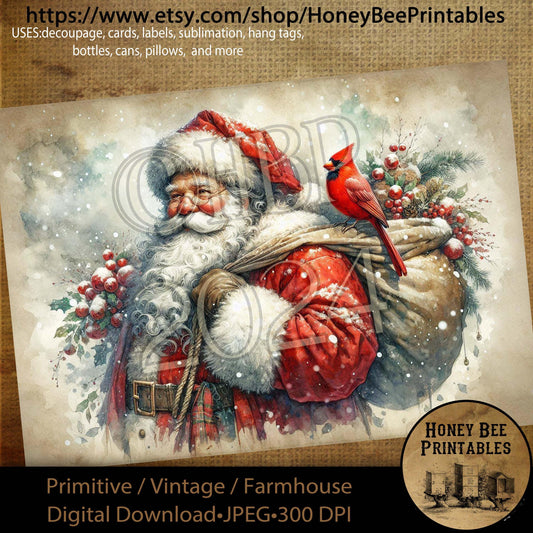 Digital Download, Printable, Decoupage, Primitive, Craft Supplies, Santa Claus, Old World Santa, Vintage Santa, Redbird, Cardinal, A4, #2