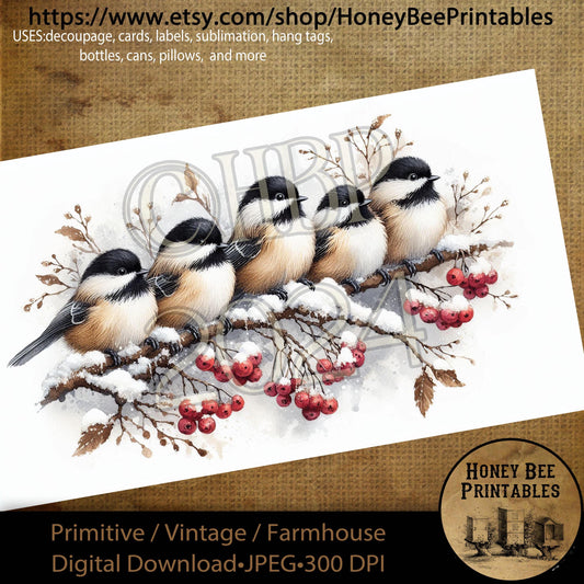 Digital Download, Printable, Decoupage, Primitive, Craft Supplies, Black-Capped Chickadee, Winter Birds, Snow, Berries, Chickadee, A4