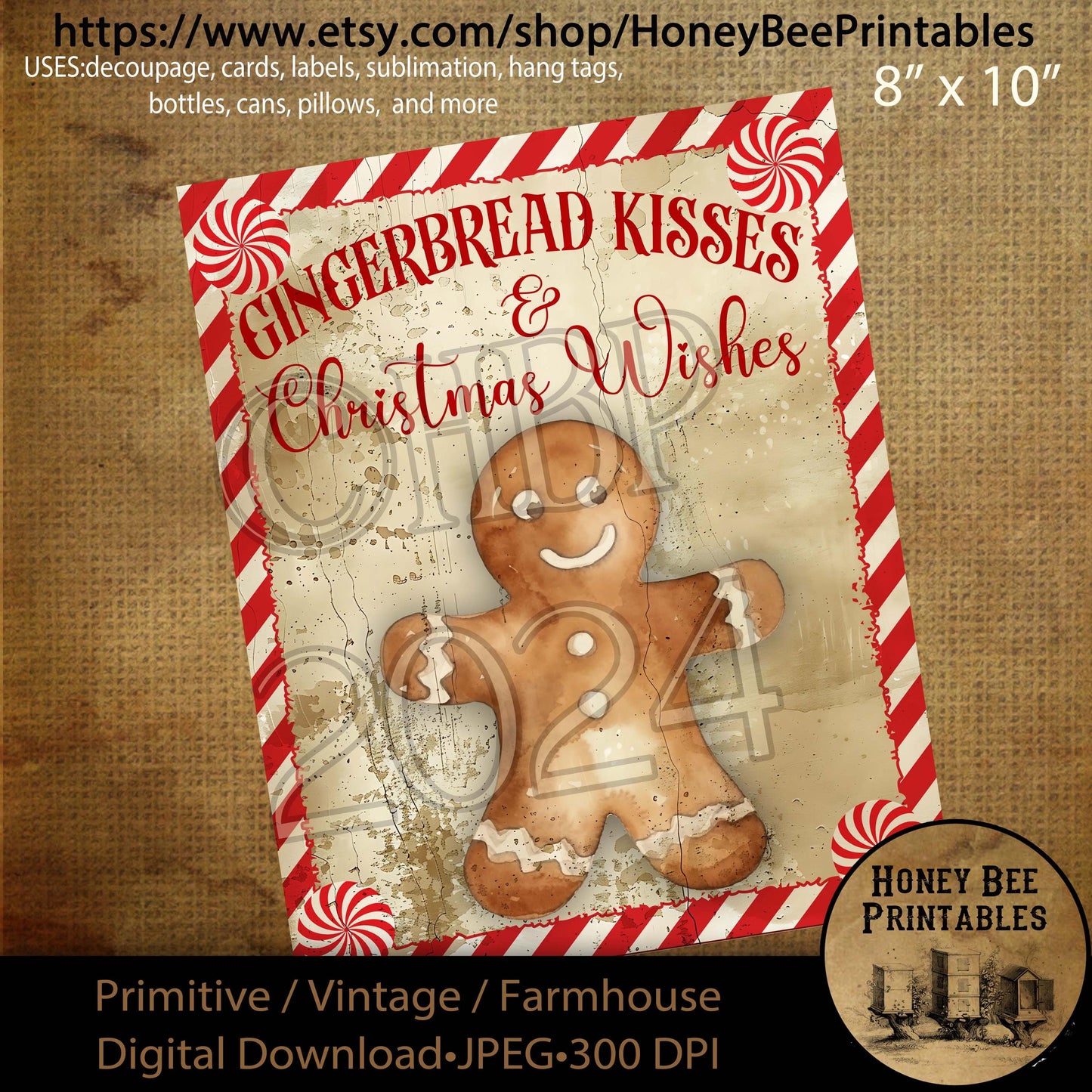 Digital Download, Printable, Decoupage, Primitive, Farmhouse, Craft Supplies, Gingerbread Kisses, Gingerbread Man, Christmas Wishes, Cookies