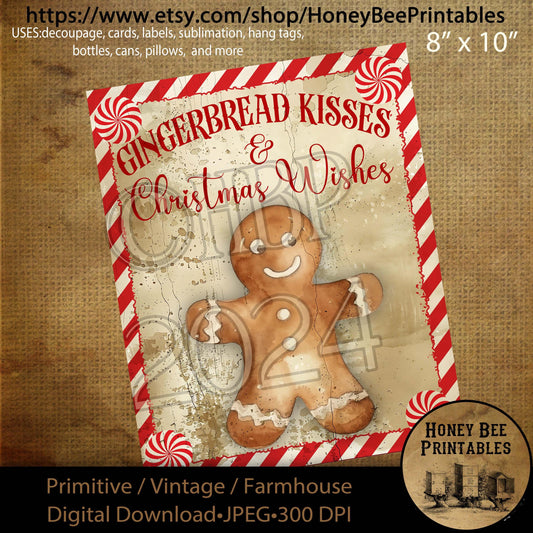 Digital Download, Printable, Decoupage, Primitive, Farmhouse, Craft Supplies, Gingerbread Kisses, Gingerbread Man, Christmas Wishes, Cookies