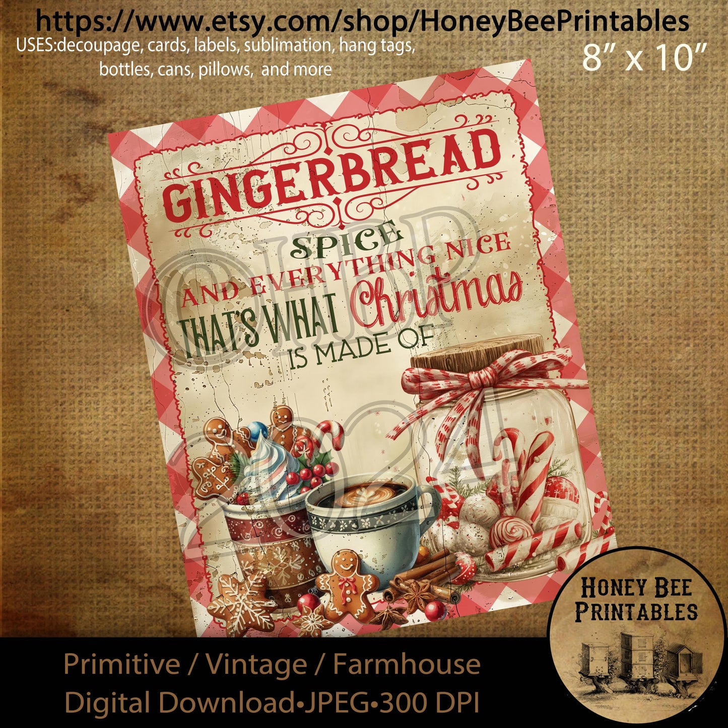 Digital Download, Printable, Decoupage, Primitive, Farmhouse, Craft Supplies, Gingerbread Spice  Everything Nice, Gingerbread Man, Christmas