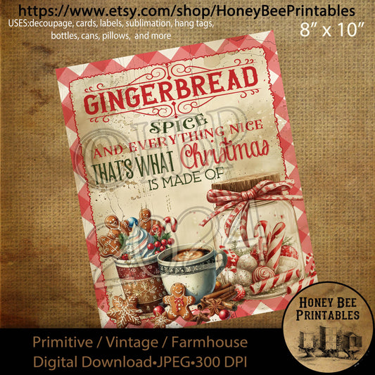 Digital Download, Printable, Decoupage, Primitive, Farmhouse, Craft Supplies, Gingerbread Spice  Everything Nice, Gingerbread Man, Christmas