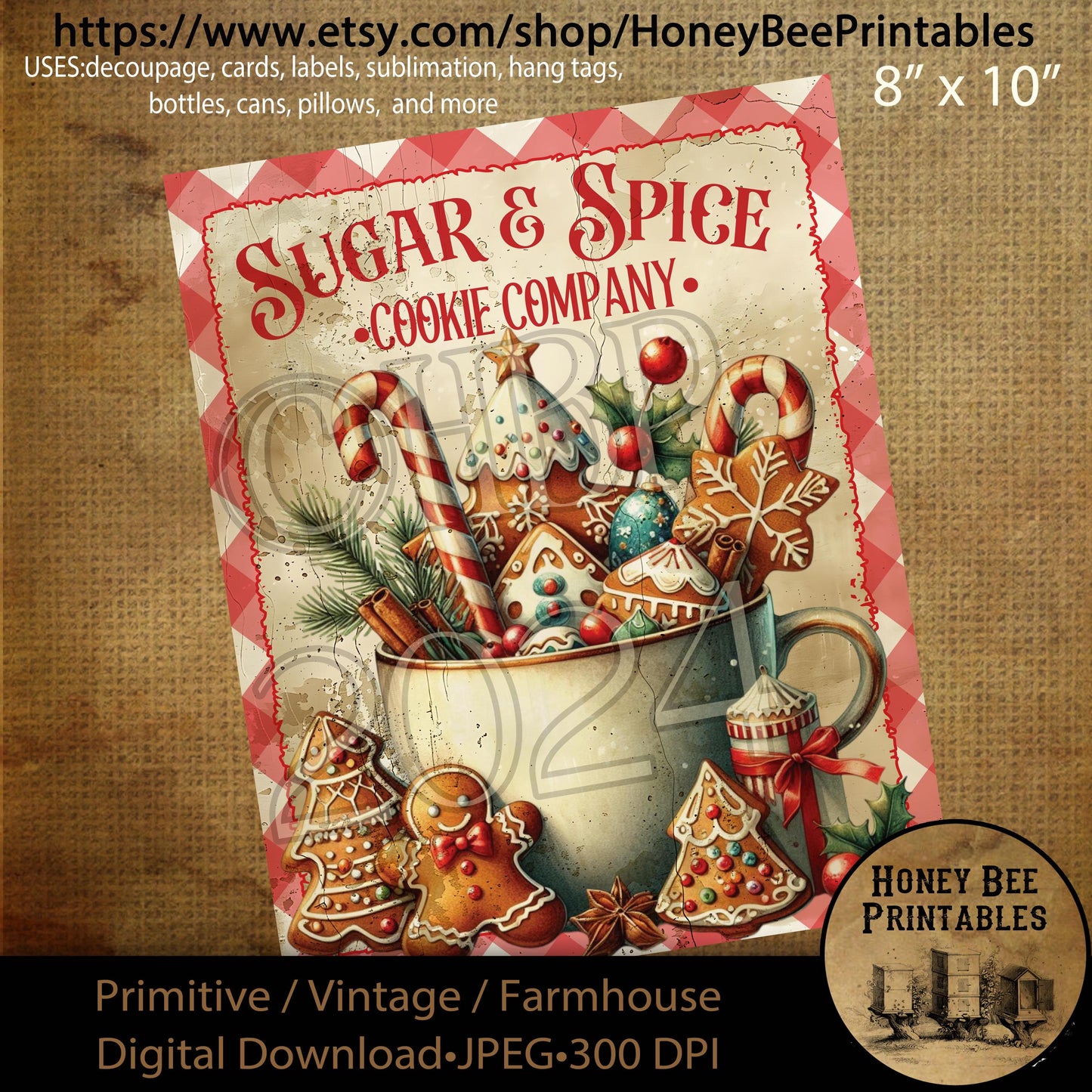 Digital Download, Printable, Decoupage, Primitive, Farmhouse, Craft Supplies, Gingerbread Cookies, Sugar and Spice Cookie Co, Christmas