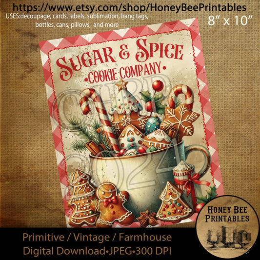Digital Download, Printable, Decoupage, Primitive, Farmhouse, Craft Supplies, Gingerbread Cookies, Sugar and Spice Cookie Co, Christmas