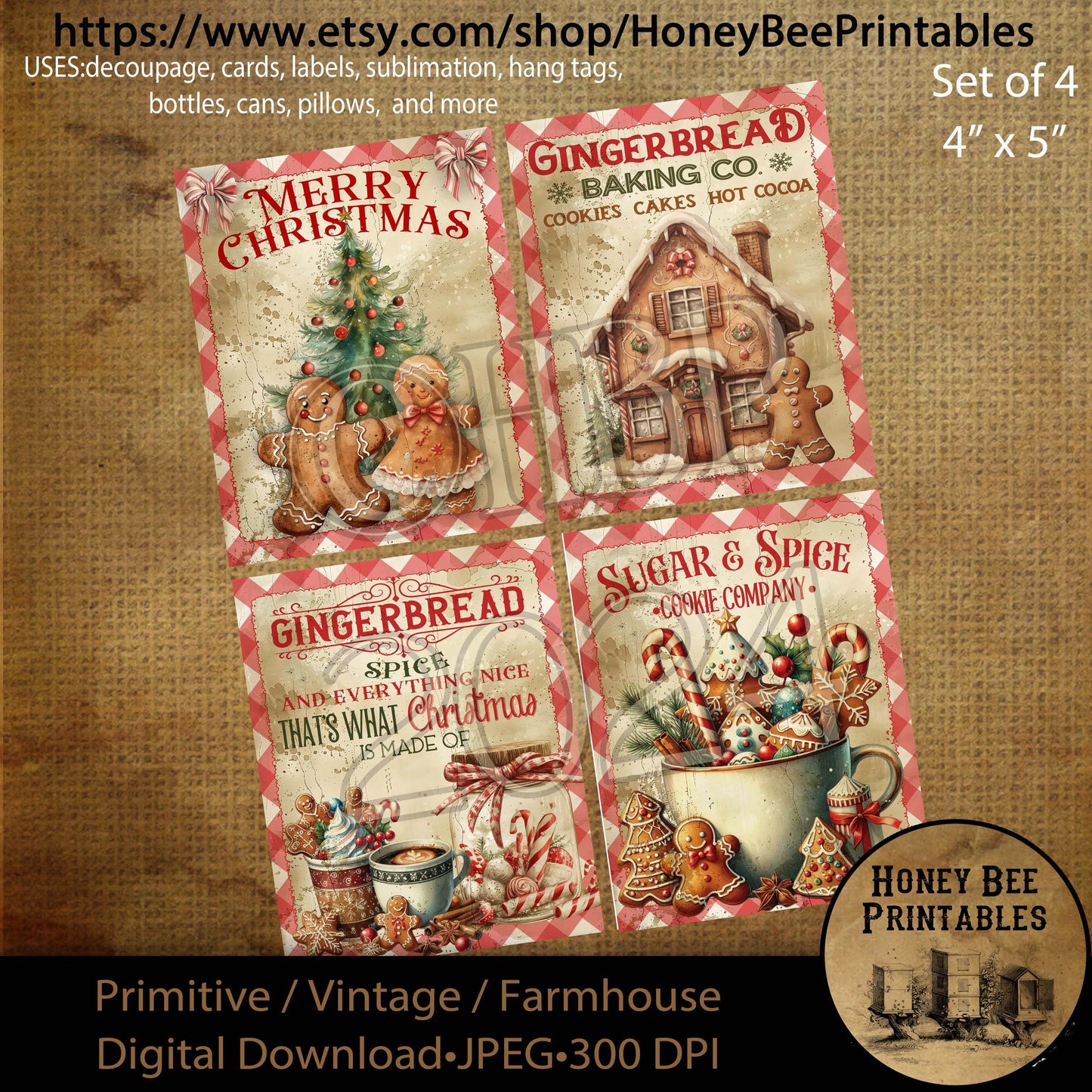 Digital Download, Digital Art, Printable, Decoupage, Primitive, Craft Supplies, Set / 4, 4x5, Christmas, Gingerbread Cookies, Sugar & Spice