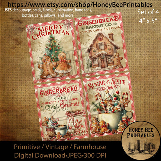 Digital Download, Digital Art, Printable, Decoupage, Primitive, Craft Supplies, Set / 4, 4x5, Christmas, Gingerbread Cookies, Sugar & Spice