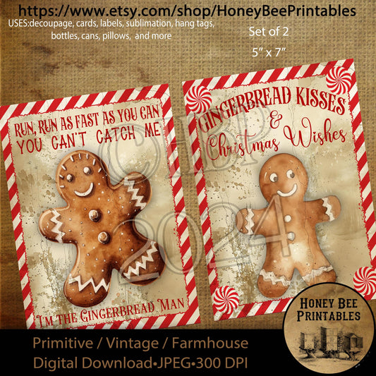 Digital Download, Digital Art, Printable, Decoupage, Primitive, Craft Supplies, 5x7, Gingerbread Kisses, Christmas Wishes, Gingerbread Man