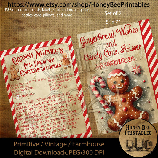 Digital Download, Digital Art, Printable, Decoupage, Primitive, Craft Supplies, 5x7, Gingerbread Wishes, Candy Cane Kisses, Cookie Recipe