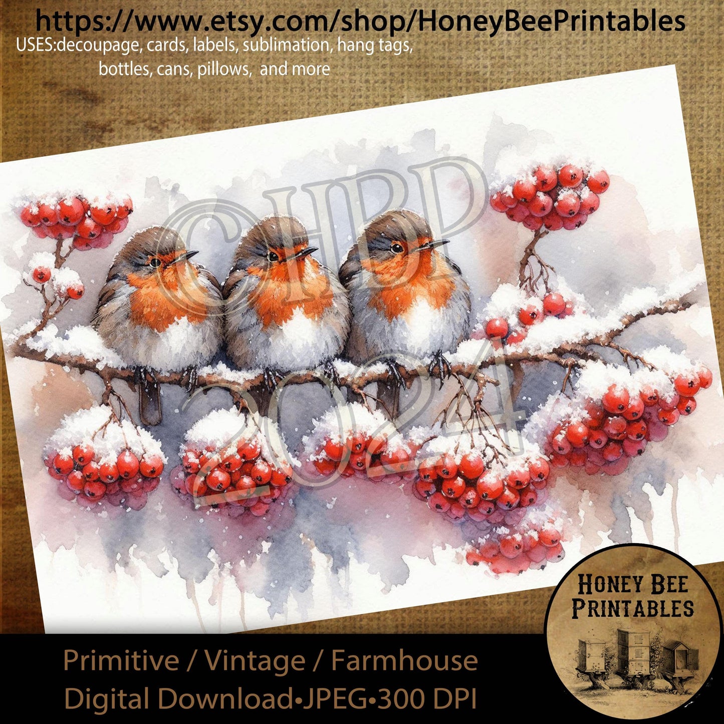 Digital Download, Printable, Decoupage, Primitive, Craft Supplies, Robin, Bird, Winter Birds, Winter, Snowy Branches, Berries, A4