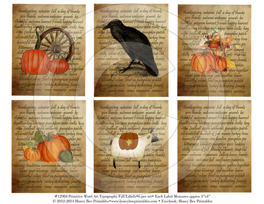 Primitive Harvest Autumn Fall Pantry Labels 12984-Printable Digital JPEG File-Instant Download-Use on Jars,crock,crates,books,cards,ornies