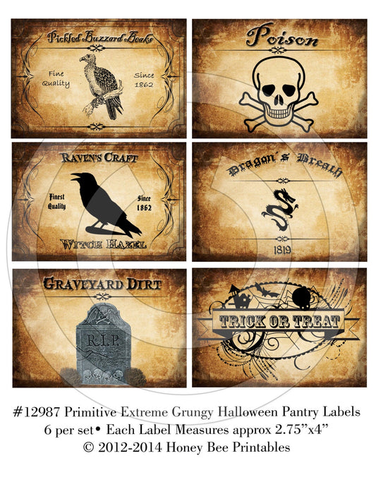Primitive Extreme Grungy Halloween Pantry Labels 12987 Printable Digital JPEG File-Instant Download-Use on Jars,crock,crates,books,cards