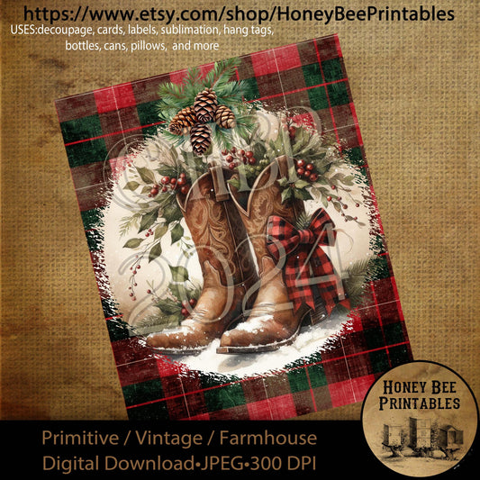 Digital Download, Printable, Decoupage, Primitive, Farmhouse, Craft Supplies,  Cowboy Christmas, Boots, Cowboy, Winter, Flannel, Western