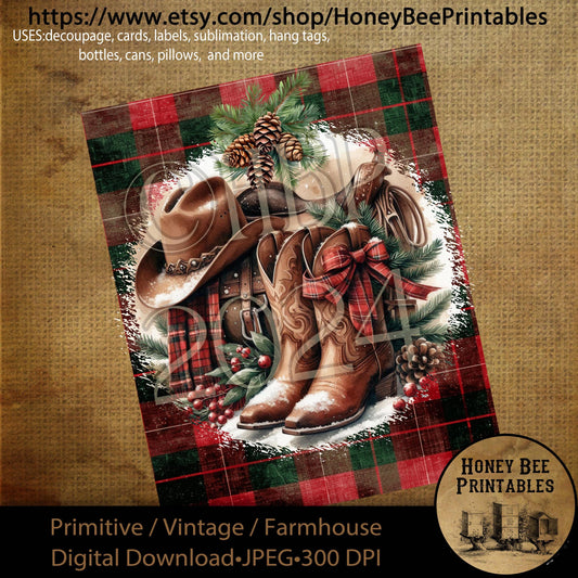 Digital Download, Printable, Decoupage, Primitive, Farmhouse, Craft Supplies,  Cowboy Christmas, Boots, Cowboy Hat, Saddle, Western, #1