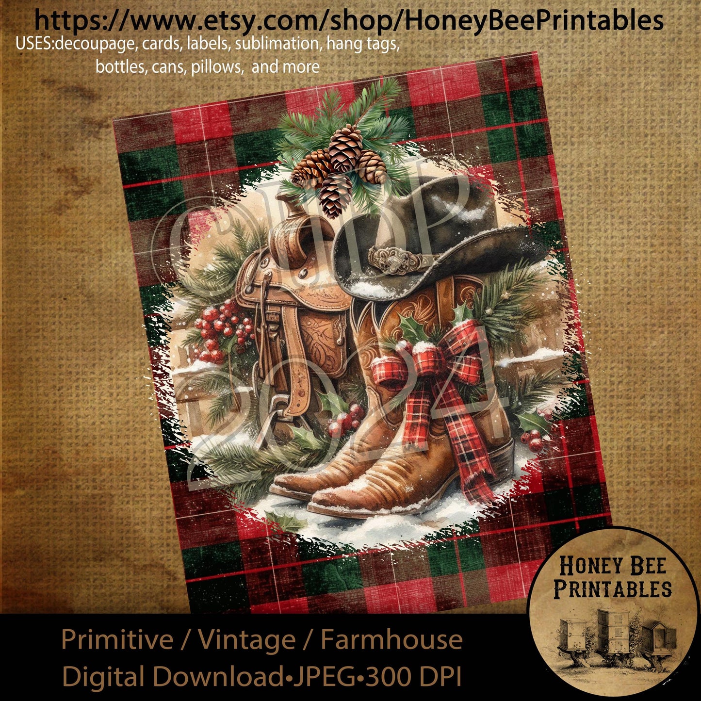 Digital Download, Printable, Decoupage, Primitive, Farmhouse, Craft Supplies,  Cowboy Christmas, Boots, Cowboy Hat, Saddle, Western, #2