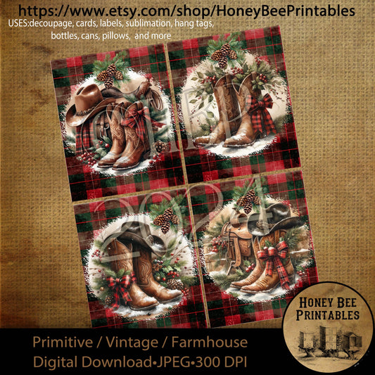Digital Download, Digital Art, Printable, Decoupage, Primitive, Craft Supplies, Set / 4, 4x5, Cowboy Christmas, Cowboy Hat, Boots, Saddle