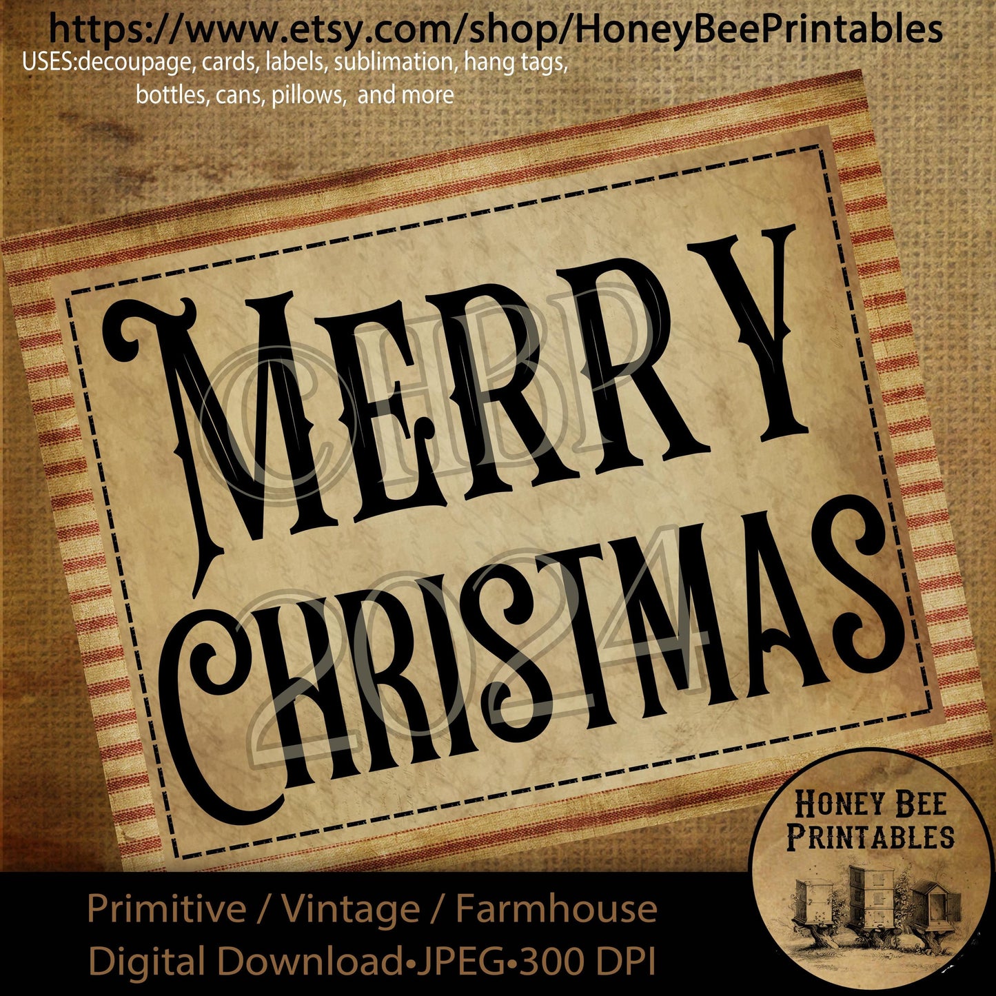 Digital Download, Printable, Decoupage, Farmhouse, Craft Supplies, Primitive Christmas Labels, Red Ticking, Merry Christmas
