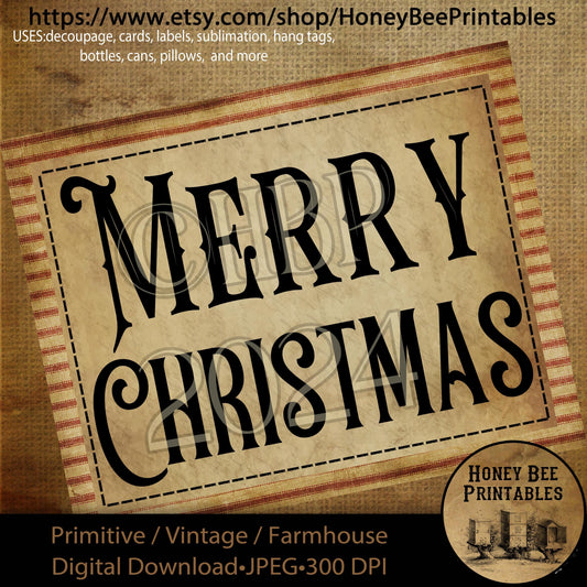 Digital Download, Printable, Decoupage, Farmhouse, Craft Supplies, Primitive Christmas Labels, Red Ticking, Merry Christmas