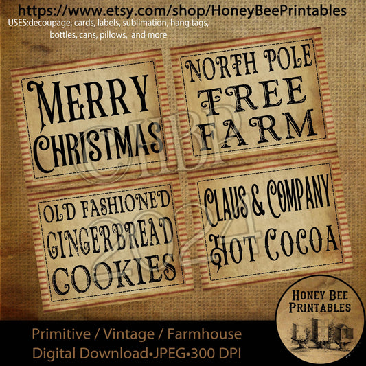 Digital Download, Digital Art, Printable, Decoupage, Primitive, Craft Supplies, Set / 4, 4x5, Christmas, Gingerbread, North Pole, Hot Coca