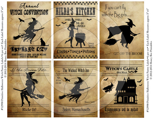 Primitive Halloween Witch Witchy Pantry Labels 12990 Printable Digital JPEG File-Instant Download-Use on Jars,crock,crates,books,cards