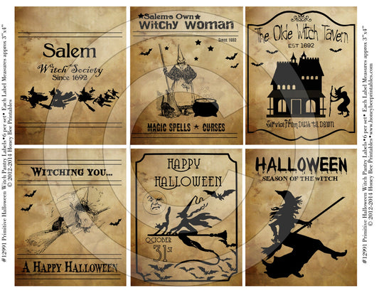 Primitive Halloween Witch Witchy Pantry Labels 12991 Printable Digital JPEG File-Instant Download-Use on Jars,crock,crates,books,cards