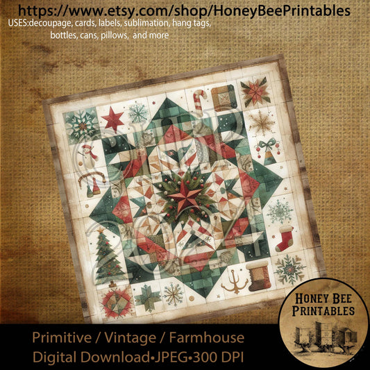 Digital Download, Printable, Decoupage, Primitive, Farmhouse, Vintage, Craft Supplies, Christmas Quilt, Barn Quilt, Quilt, Sewing, 8x8, #2