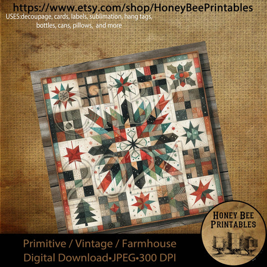 Digital Download, Printable, Decoupage, Primitive, Farmhouse, Vintage, Craft Supplies, Christmas Quilt, Barn Quilt, Quilt, Sewing, 12x12, #4