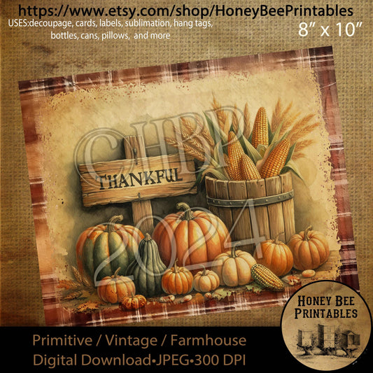 Vintage, Digital Download, Printable, Decoupage, Primitive, Craft Supplies, Fall, Thankful Sign, Autumn, Thanksgiving, Pumpkins, Harvest