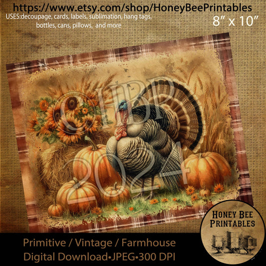Vintage, Digital Download, Printable, Decoupage, Primitive, Craft Supplies, Fall, Autumn, Happy Thanksgiving, Turkey, Pumpkins, Harvest