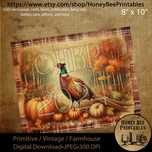 Vintage, Digital Download, Printable, Decoupage, Primitive, Craft Supplies, Fall, Autumn, Happy Thanksgiving, Pheasant, Pumpkins, Harvest