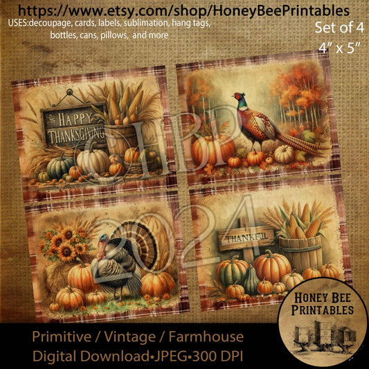 Vintage, Digital Download, Printable, Decoupage, Primitive, Craft Supplies, Set of 4, 4x5, Thanksgiving, Turkey, Pheasant, Thankful, Blessed