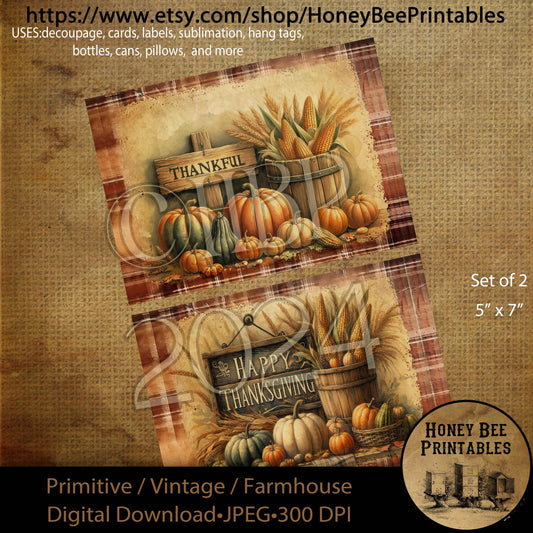 Digital Download, Digital Art, Printable, Decoupage, Primitive, Craft Supplies, 5x7, Thankful, Thanksgiving, Pumpkins, Wheat, Corn, Harvest