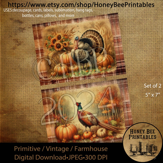 Digital Download, Digital Art, Printable, Decoupage, Primitive, Craft Supplies, 5x7, Thanksgiving, Pumpkins, Turkey, Pheasant, Harvest, Corn