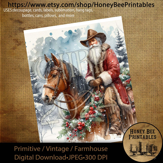 Digital Download, Printable, Decoupage, Primitive, Farmhouse, Craft Supplies, Cowboy Santa, Cowboy, Santa Claus, Horse, Christmas, Western